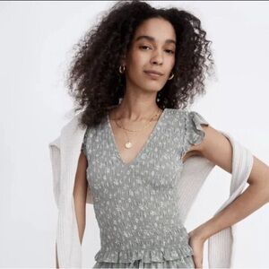 NWT Madewell Lucie V-Neck Smocked Top in Green Cottage Garden Size 14w